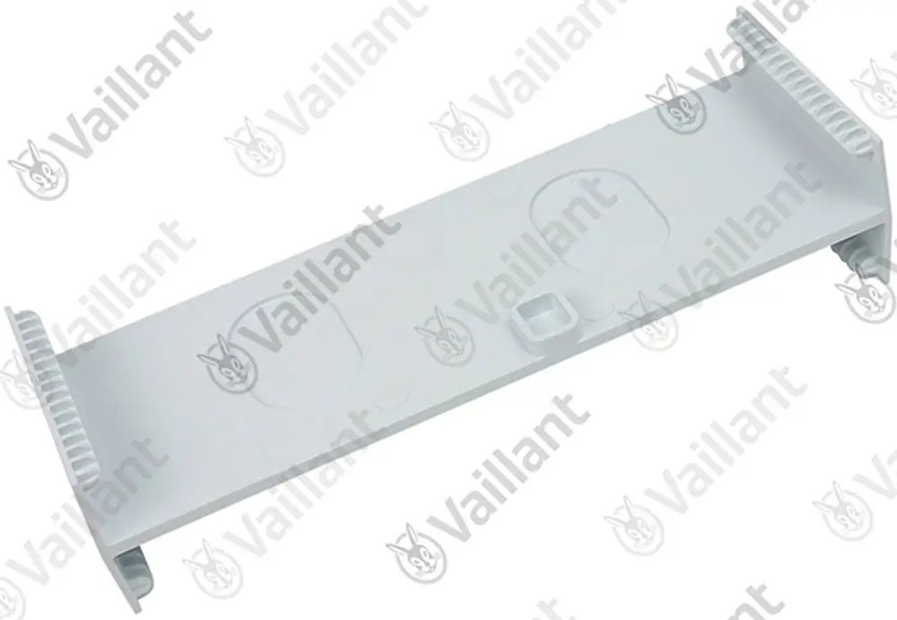 Vaillant Halter aus Kunststoff, flach und rechteckig, mit seitlichen Stegen. Hinweise und Schlitze im Design sind vorhanden. Ideal für Montageanwendungen.